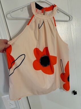 Sleeveless Cream Halter Top with Orange Floral Print